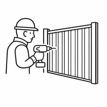 Fence Installation Melbourne | Colorbond Fence Installer Fence installer using drill to install Colorbond fence panel in Melbourne residential property